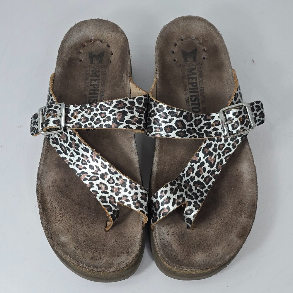 MEPHISTO Helen Wom 6/36 Leather Buckle Wedge Cork Slide Sandals Leopard/Cheetah